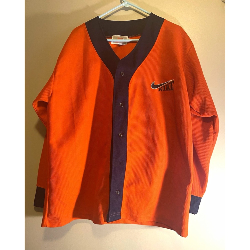 Nike Men's XL Solid Orange Navy Mesh V-Neck Button Long Sleeve T-Shirt